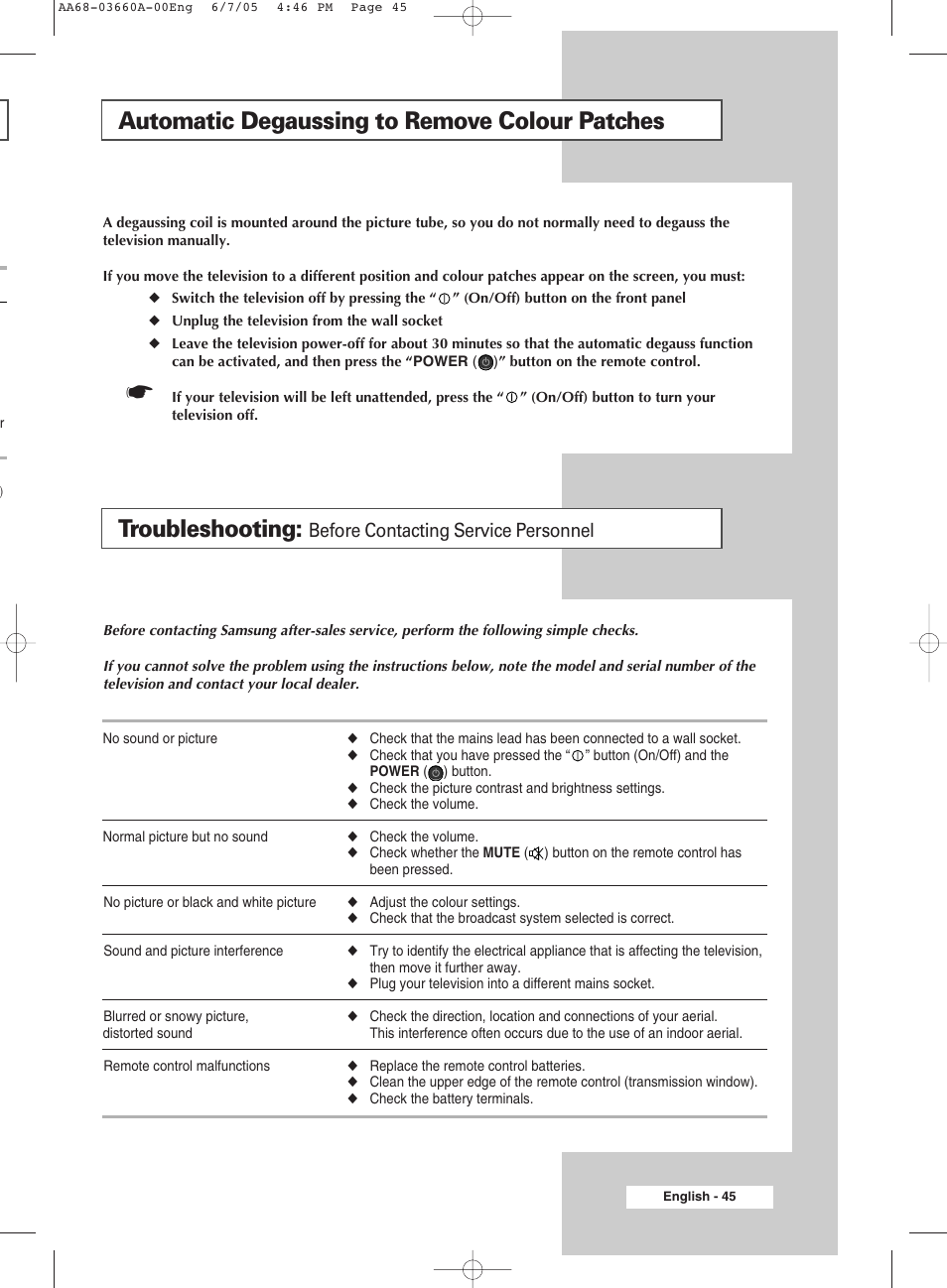 Recommendations for use, Automatic degaussing to remove colour patches, Troubleshooting | Before contacting service personnel | Samsung CW29M026V7XXEC User Manual | Page 45 / 48