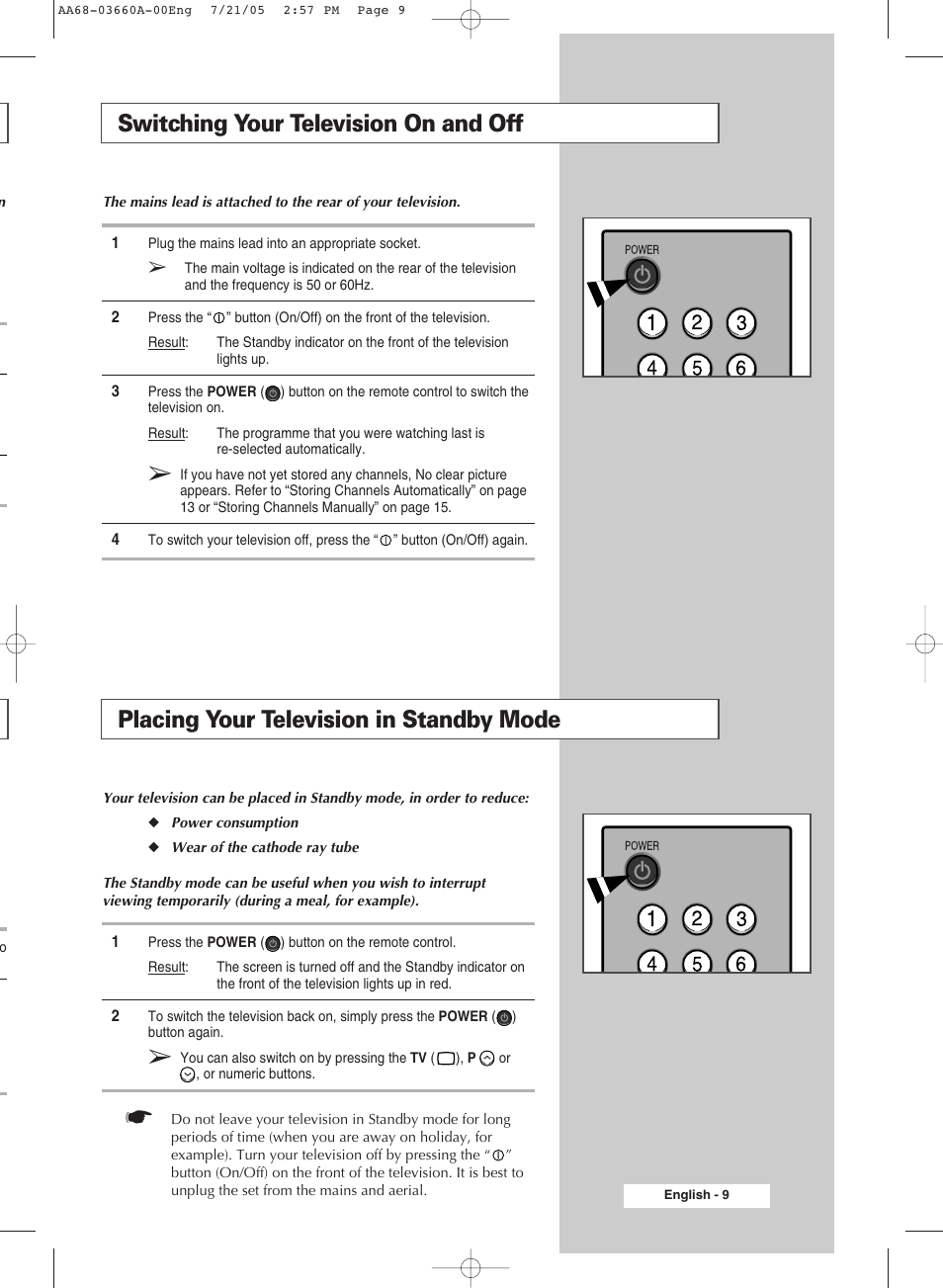 Switching your television on and off, Placing your television in standby mode | Samsung CW29M026V7XXEC User Manual | Page 9 / 48