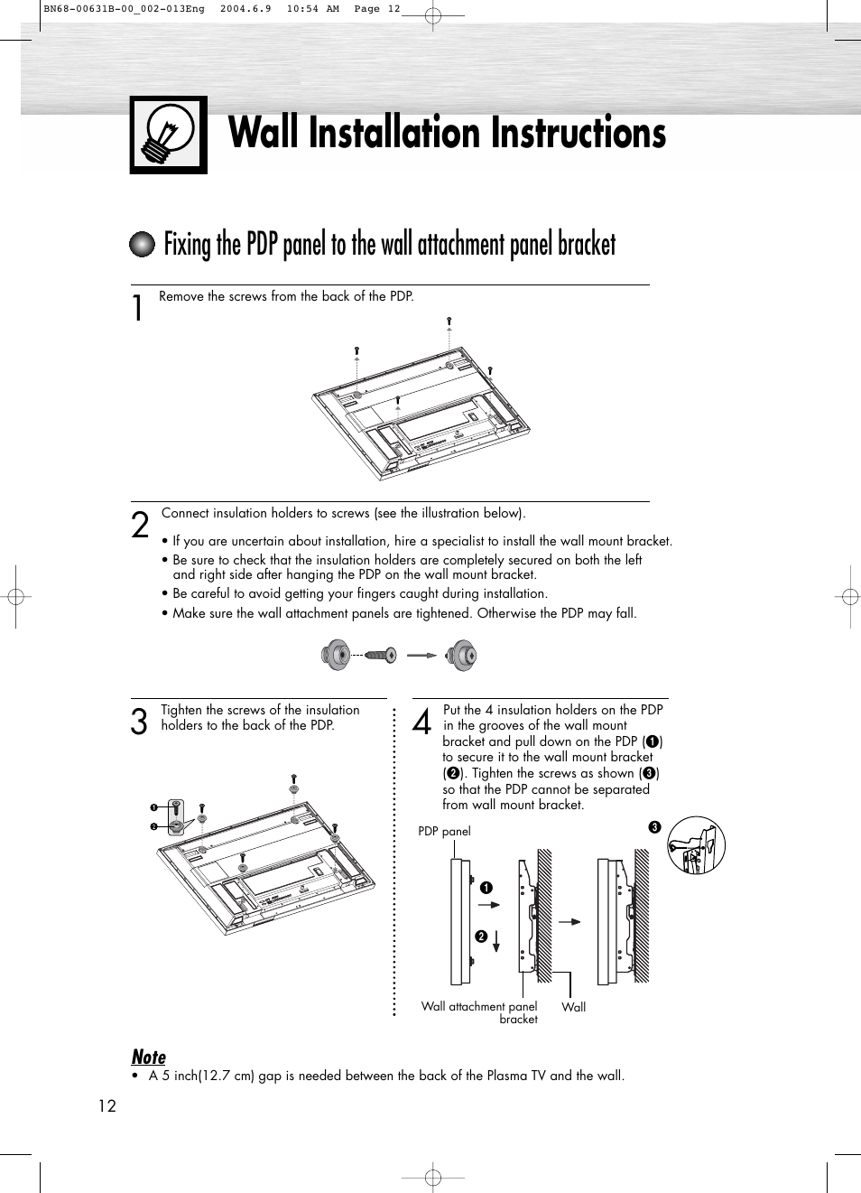 Wall installation instructions | Samsung SPP4231KX-XAA User Manual | Page 12 / 104