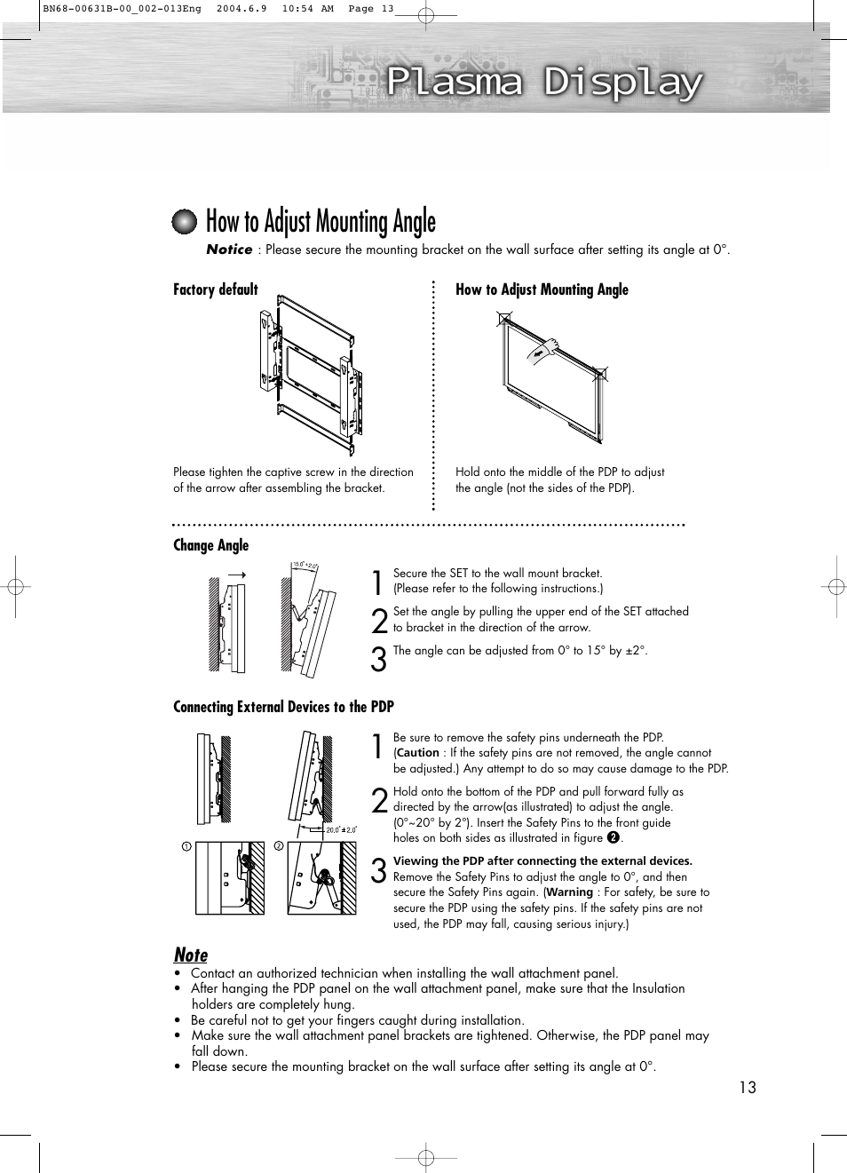 How to adjust mounting angle | Samsung SPP4231KX-XAA User Manual | Page 13 / 104