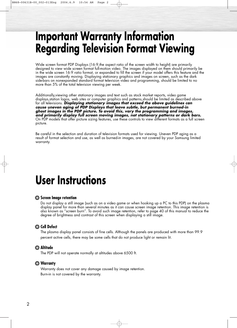 User instructions | Samsung SPP4231KX-XAA User Manual | Page 2 / 104