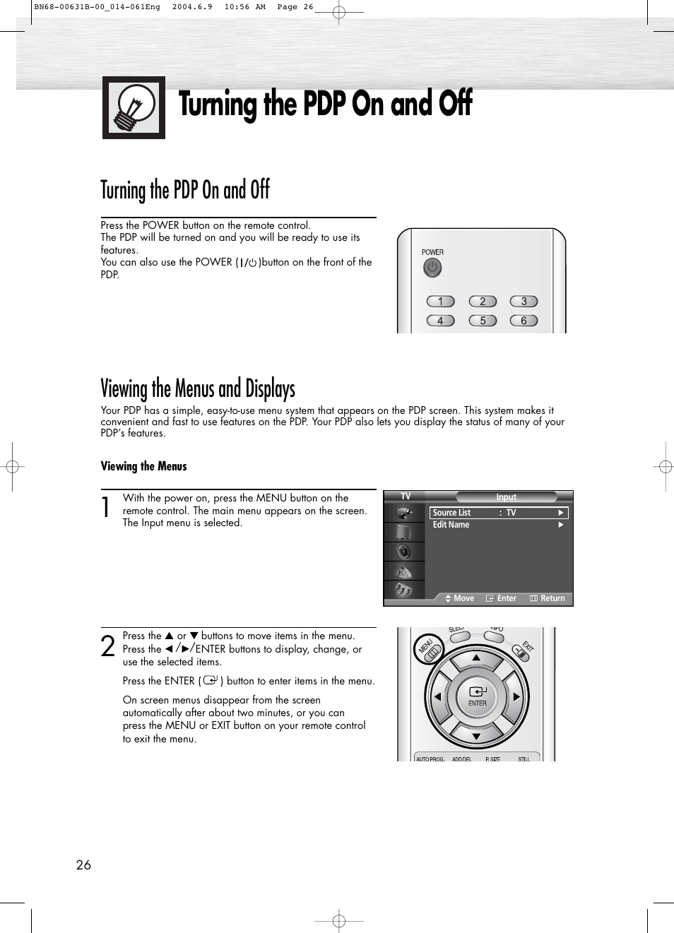 Turning the pdp on and off, Viewing the menus and displays | Samsung SPP4231KX-XAA User Manual | Page 26 / 104