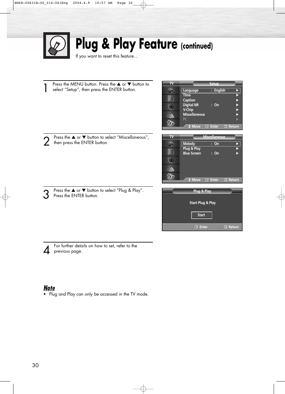 Plug & play feature, Continued) | Samsung SPP4231KX-XAA User Manual | Page 30 / 104