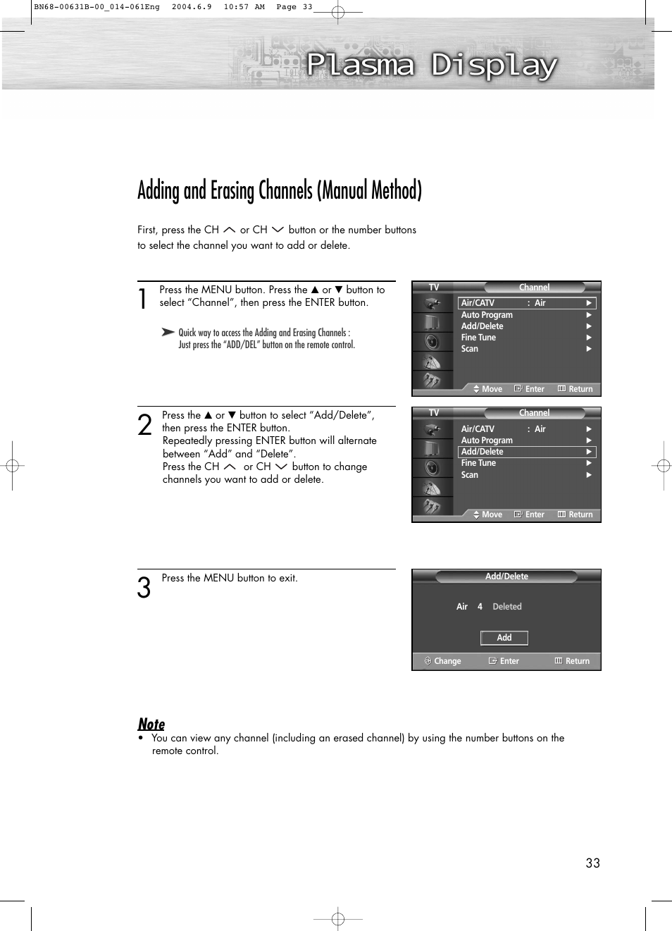 Adding and erasing channels (manual method) | Samsung SPP4231KX-XAA User Manual | Page 33 / 104