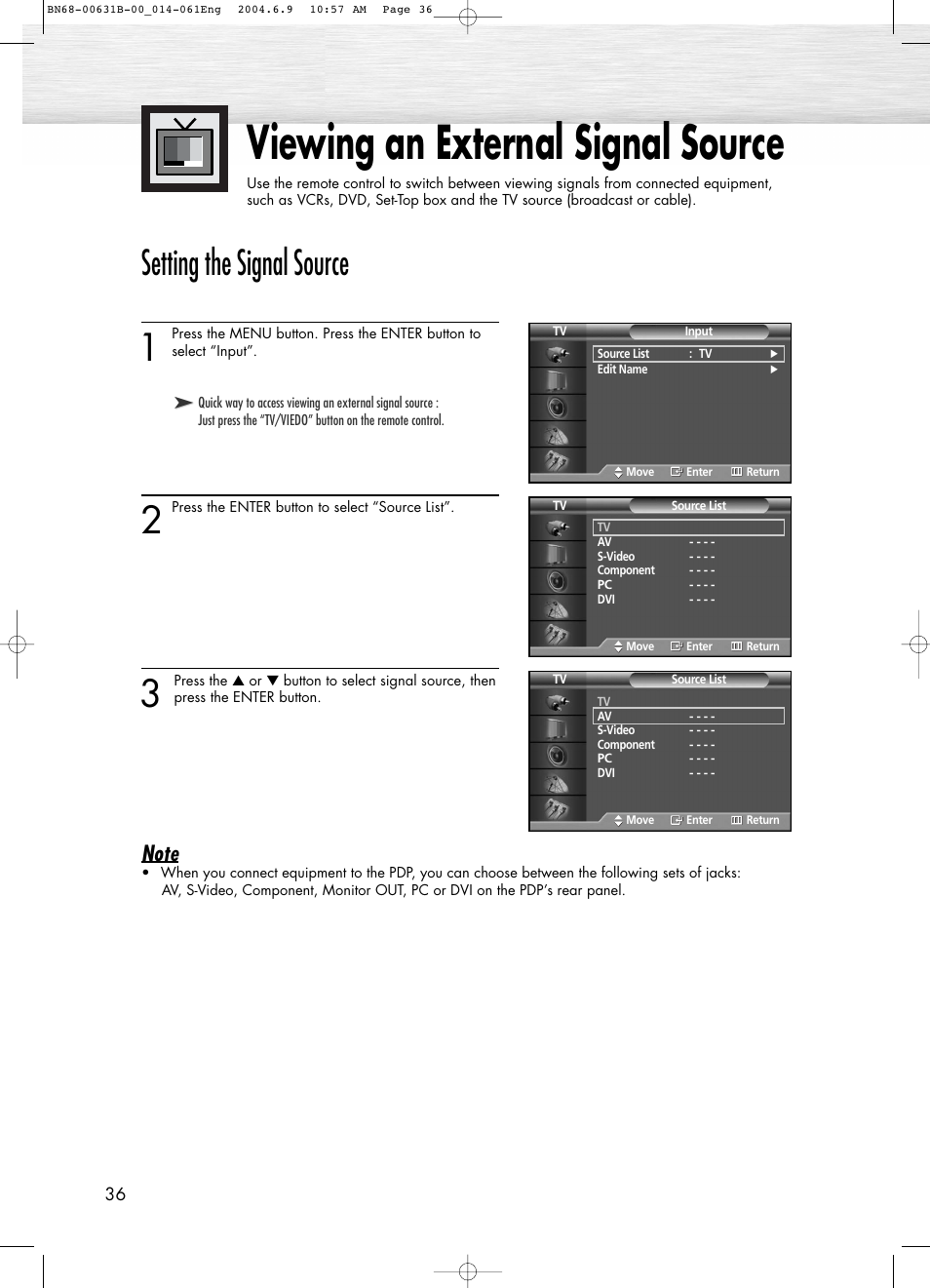 Viewing an external signal source, Setting the signal source | Samsung SPP4231KX-XAA User Manual | Page 36 / 104