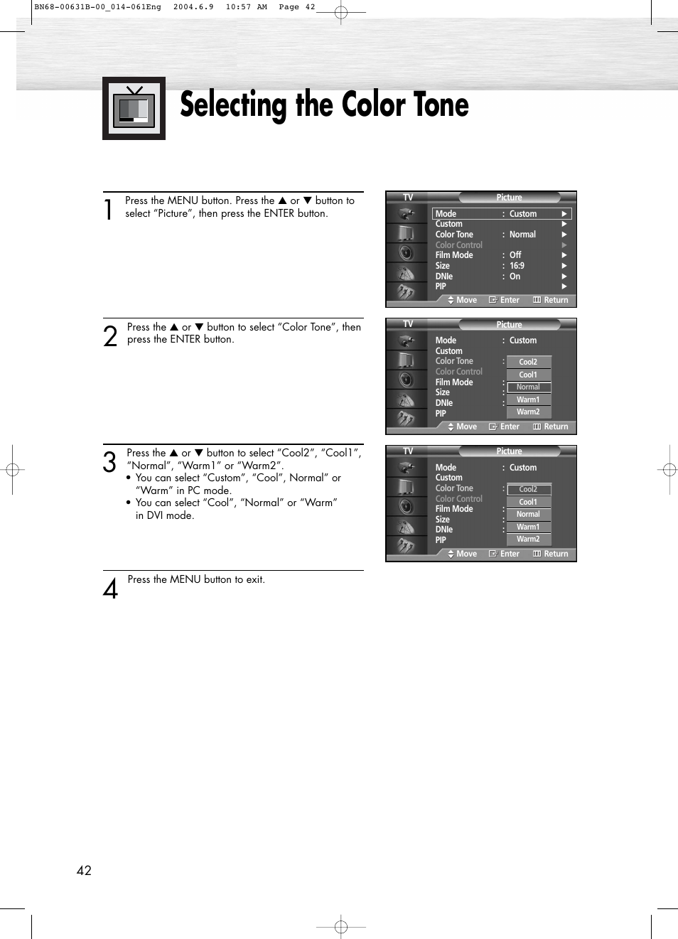 Selecting the color tone | Samsung SPP4231KX-XAA User Manual | Page 42 / 104