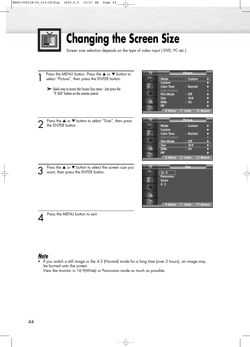 Changing the screen size | Samsung SPP4231KX-XAA User Manual | Page 44 / 104