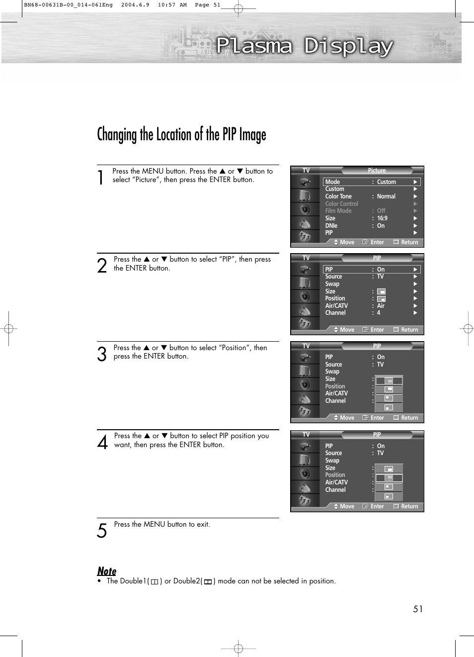 Changing the location of the pip image | Samsung SPP4231KX-XAA User Manual | Page 51 / 104