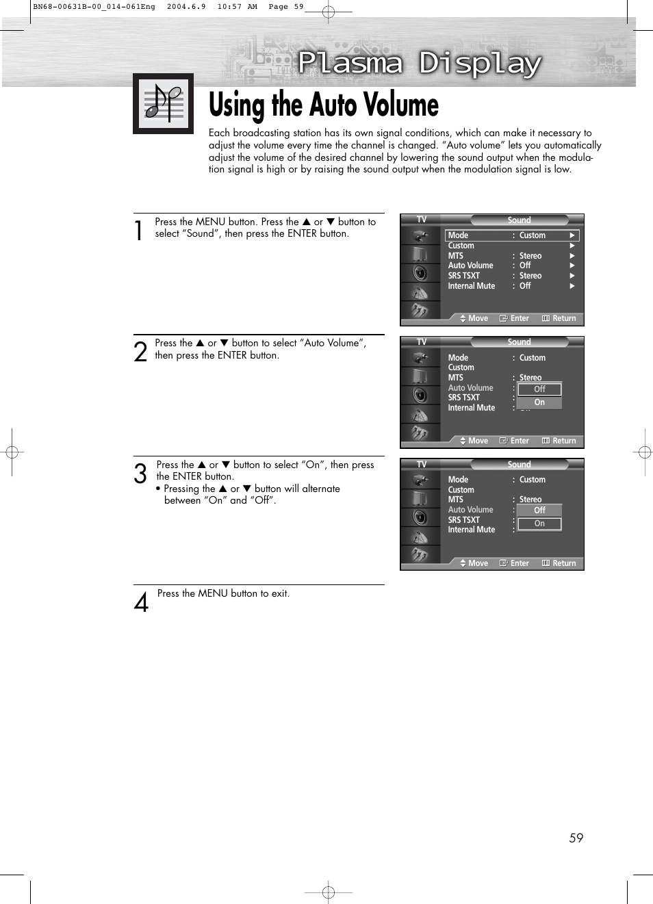 Using the auto volume | Samsung SPP4231KX-XAA User Manual | Page 59 / 104
