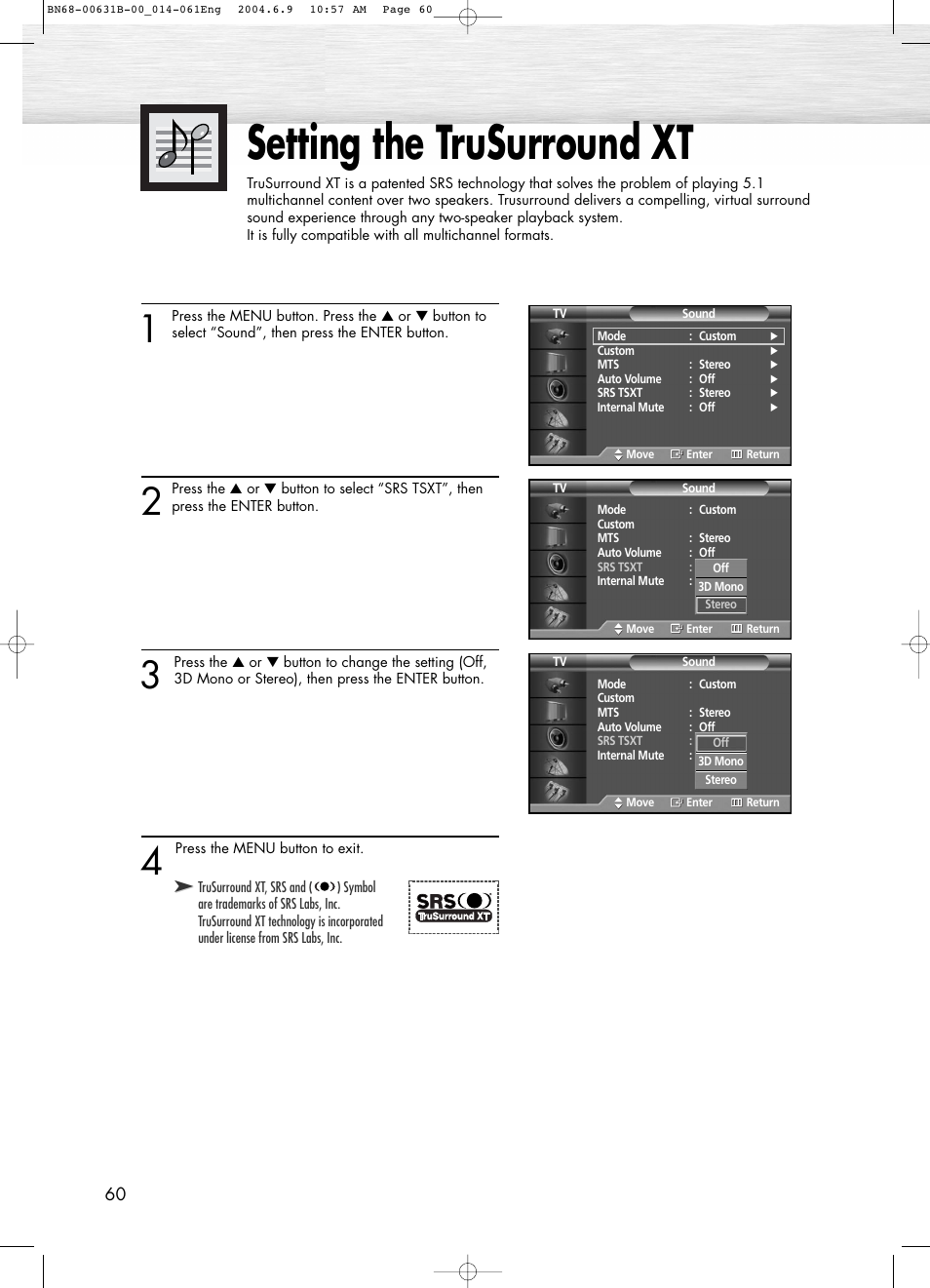 Setting the trusurround xt | Samsung SPP4231KX-XAA User Manual | Page 60 / 104