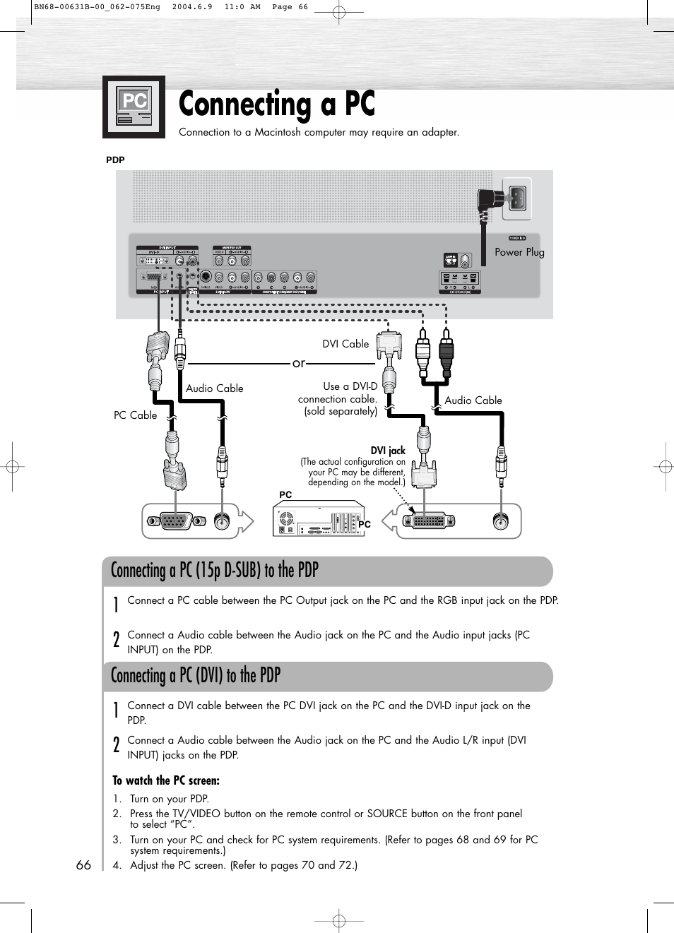 Connecting a pc, Connecting a pc (15p d-sub) to the pdp, 12 connecting a pc (dvi) to the pdp | Samsung SPP4231KX-XAA User Manual | Page 66 / 104
