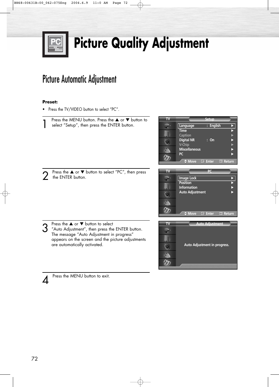 Picture quality adjustment, Picture automatic adjustment | Samsung SPP4231KX-XAA User Manual | Page 72 / 104
