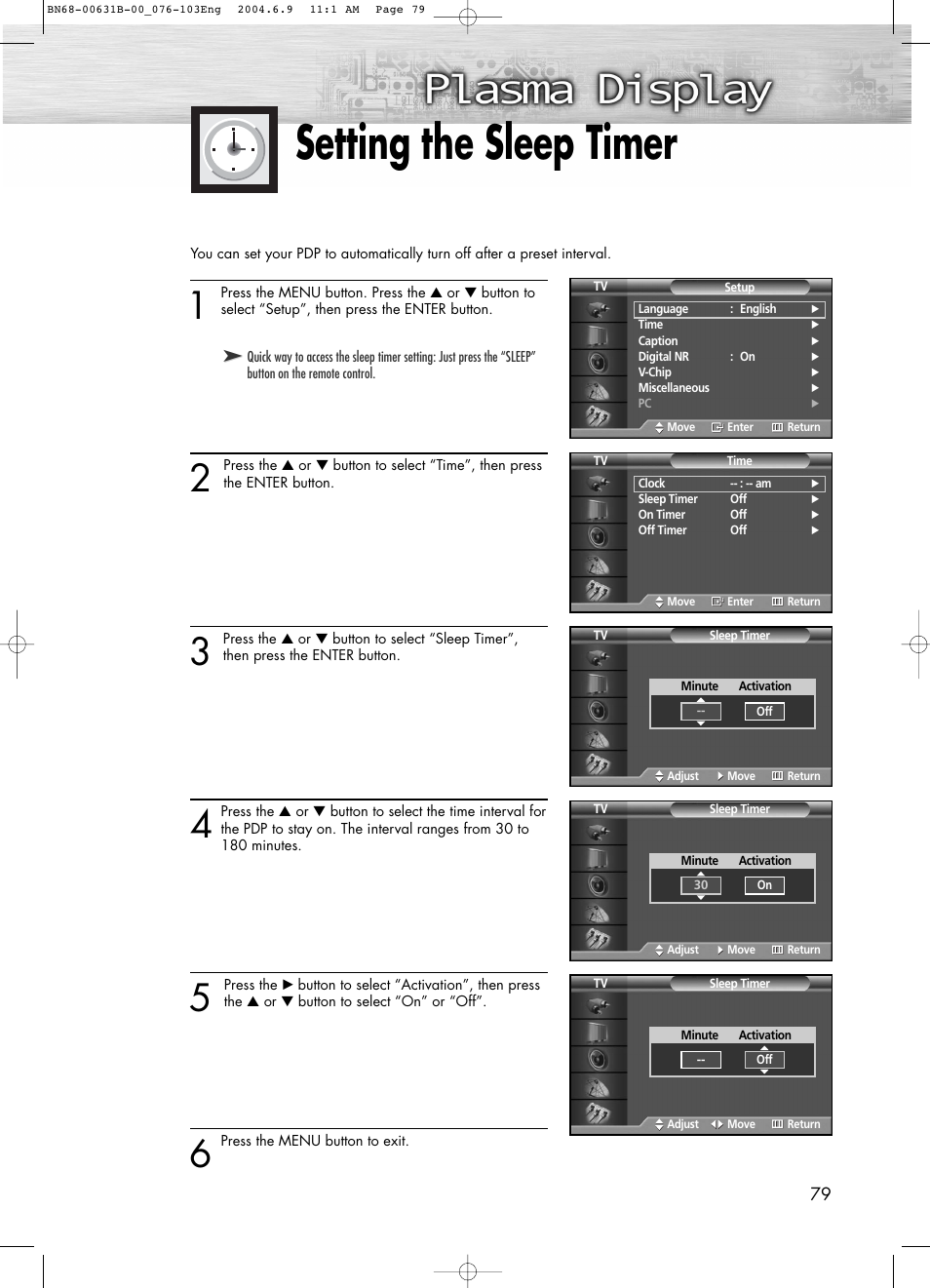 Setting the sleep timer | Samsung SPP4231KX-XAA User Manual | Page 79 / 104