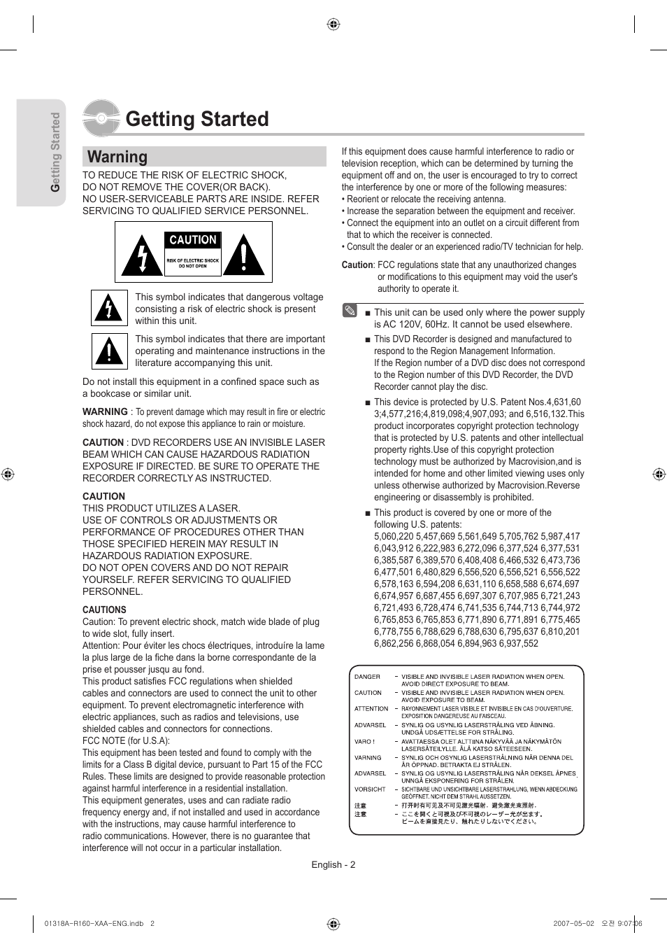 Getting started, Warning | Samsung DVD-R160-XAA User Manual | Page 2 / 83