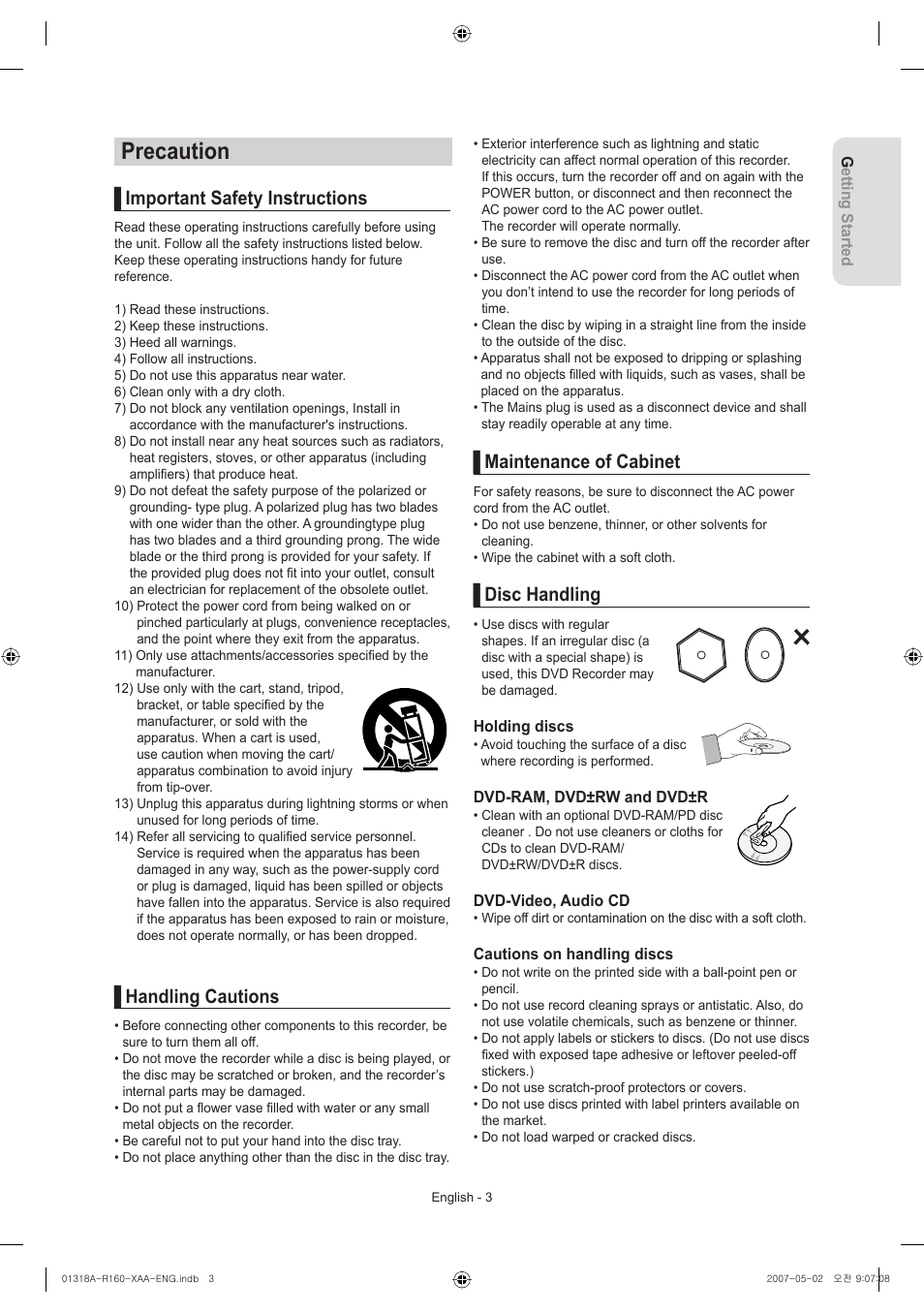 Precaution, Important safety instructions, Handling cautions | Maintenance of cabinet, Disc handling | Samsung DVD-R160-XAA User Manual | Page 3 / 83