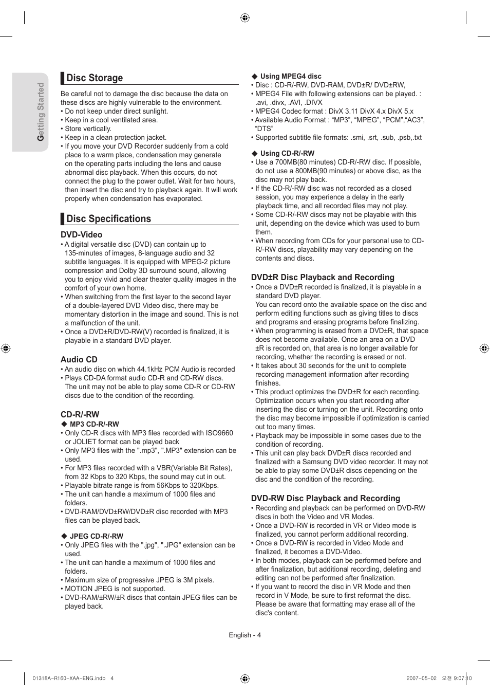 Disc storage, Disc specifications, Disc specifi cations | Samsung DVD-R160-XAA User Manual | Page 4 / 83