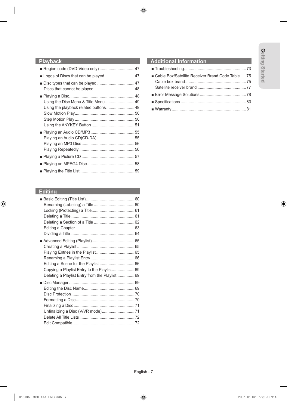 Playback, Editing, Additional information | Samsung DVD-R160-XAA User Manual | Page 7 / 83
