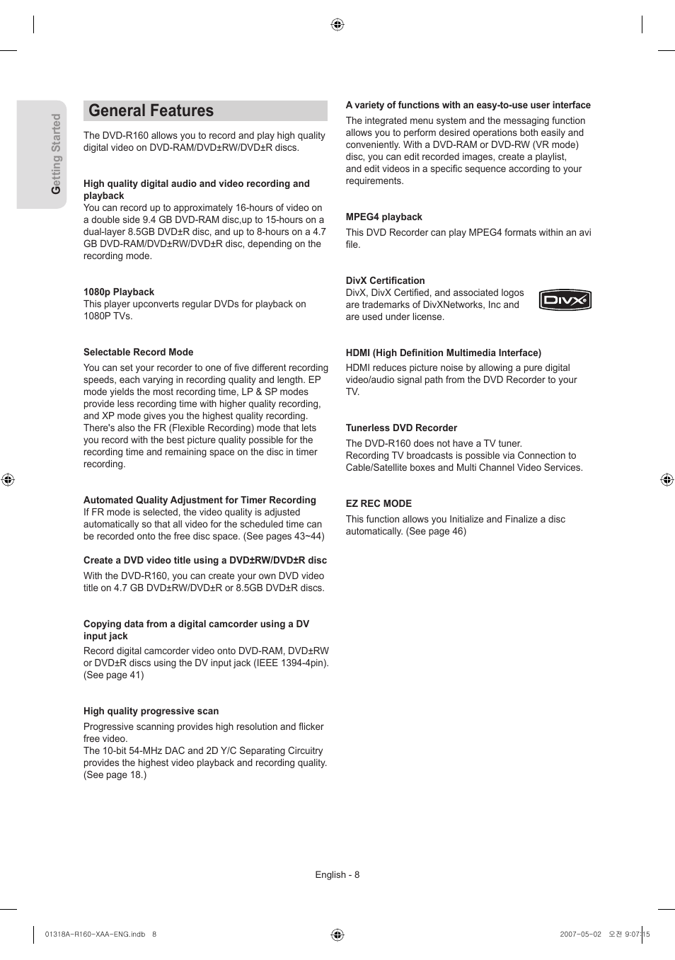 General features | Samsung DVD-R160-XAA User Manual | Page 8 / 83