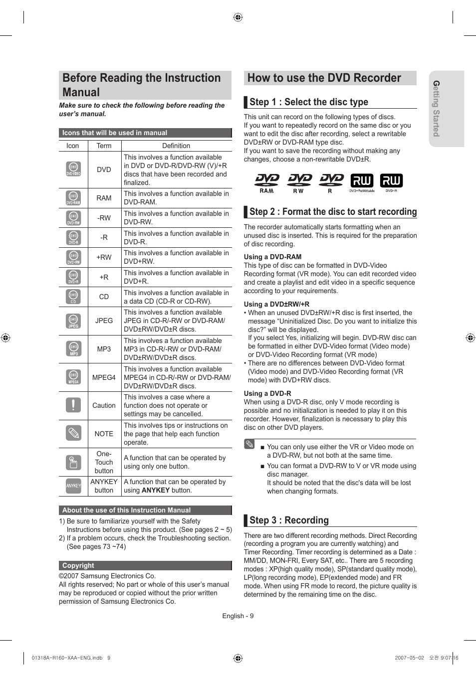 Before reading the instruction manual, How to use the dvd recorder, Step 1 : select the disc type | Step 2 : format the disc to start recording, Step 3 : recording | Samsung DVD-R160-XAA User Manual | Page 9 / 83