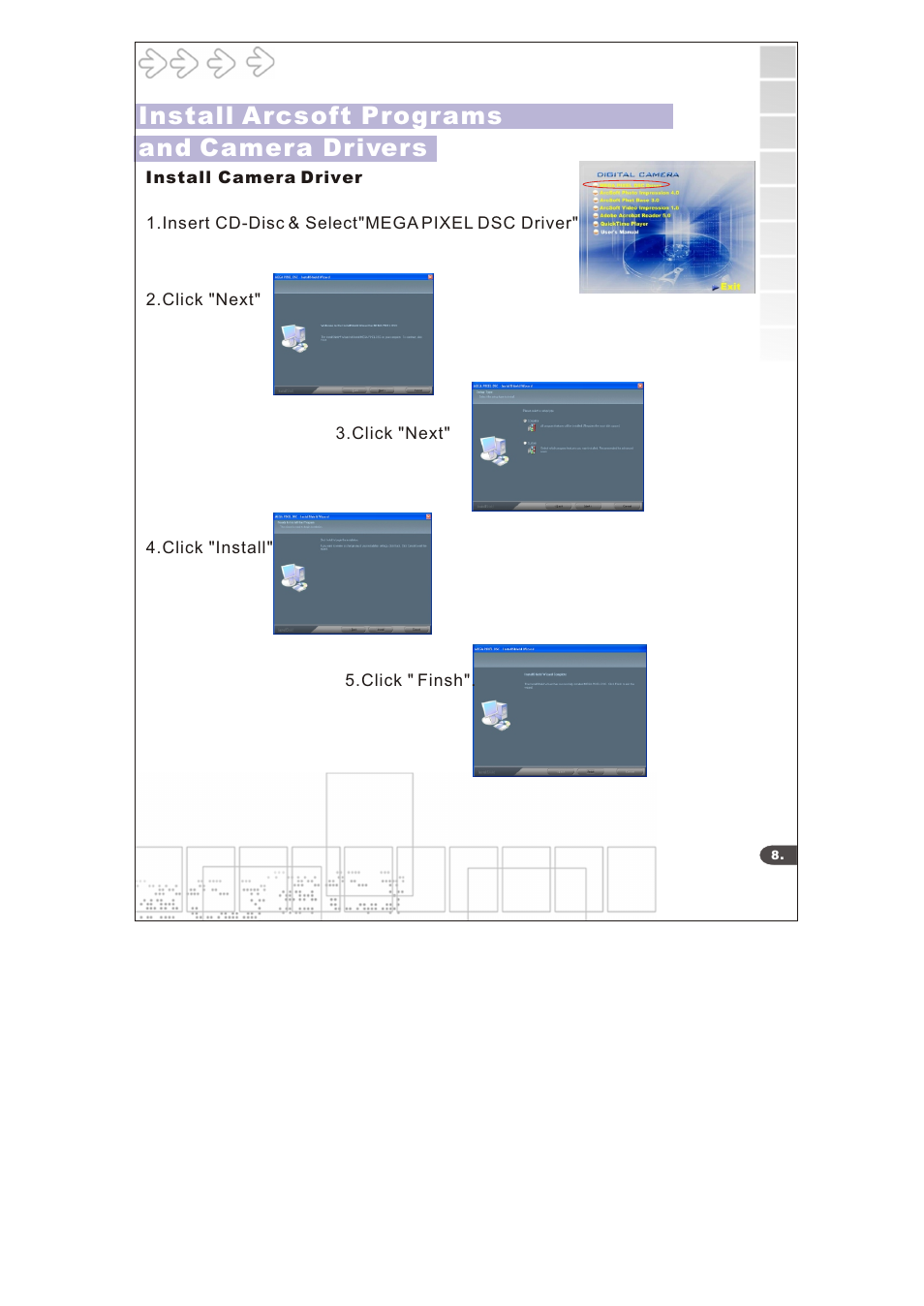 Install arcsoft programs and camera drivers | Argus Camera DC3640 User Manual | Page 10 / 21