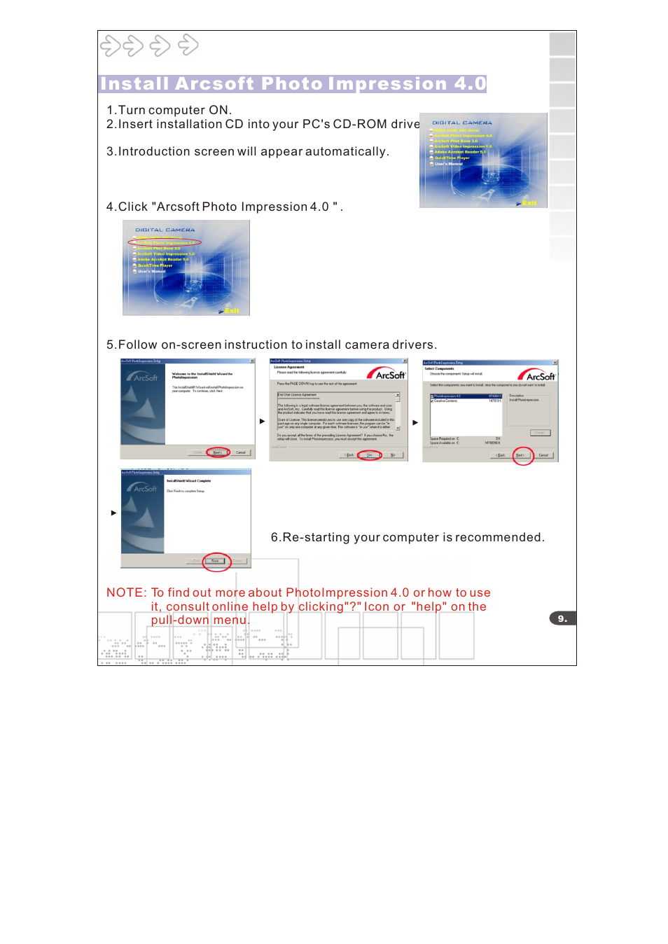Install arcsoft photo impression 4.0 | Argus Camera DC3640 User Manual | Page 11 / 21