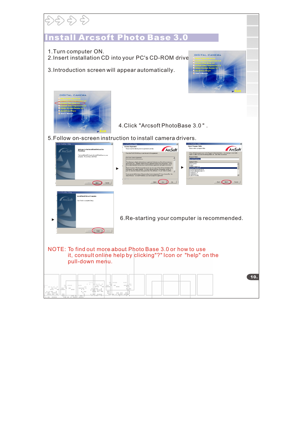 Install arcsoft photo base 3.0 | Argus Camera DC3640 User Manual | Page 12 / 21