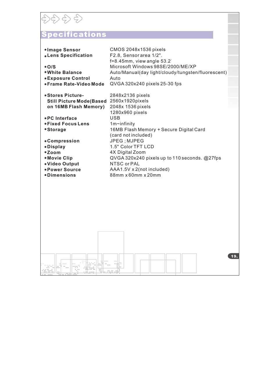 Specifications | Argus Camera DC3640 User Manual | Page 21 / 21