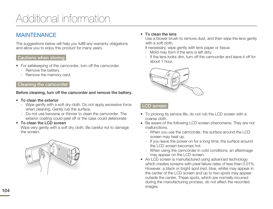 Additional information, Maintenance | Samsung HMX-Q10UN-XAA User Manual | Page 108 / 114