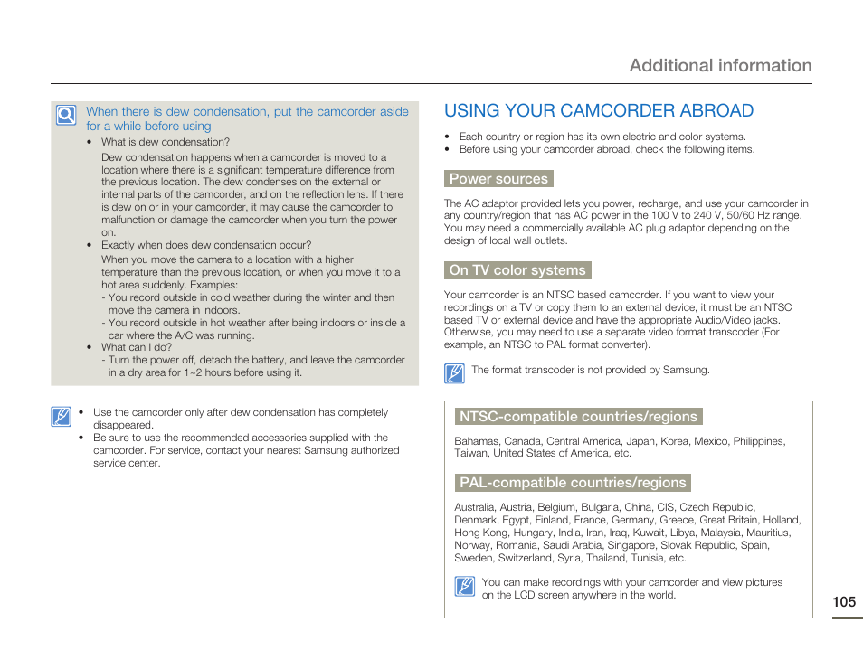 Using your camcorder abroad, Additional information | Samsung HMX-Q10UN-XAA User Manual | Page 109 / 114