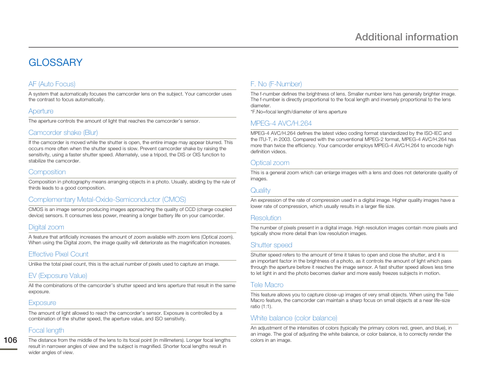 Glossary, Additional information glossary | Samsung HMX-Q10UN-XAA User Manual | Page 110 / 114