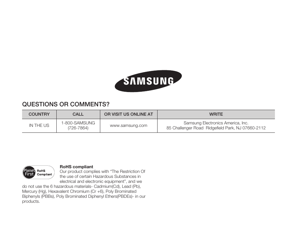 Questions or comments | Samsung HMX-Q10UN-XAA User Manual | Page 114 / 114