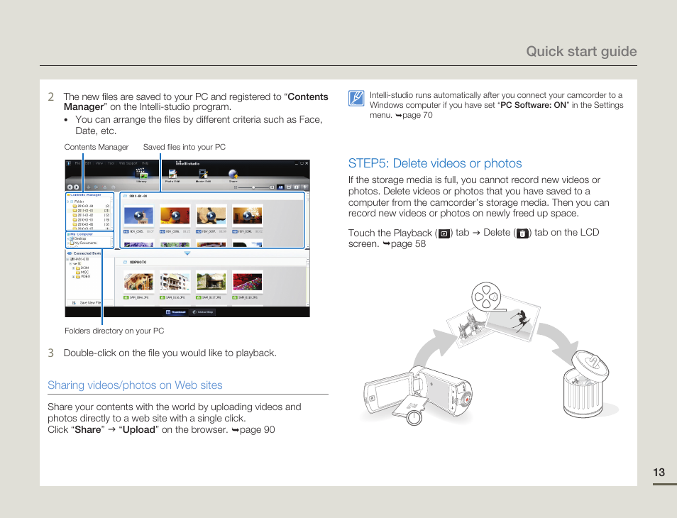 Quick start guide, Step5: delete videos or photos | Samsung HMX-Q10UN-XAA User Manual | Page 17 / 114