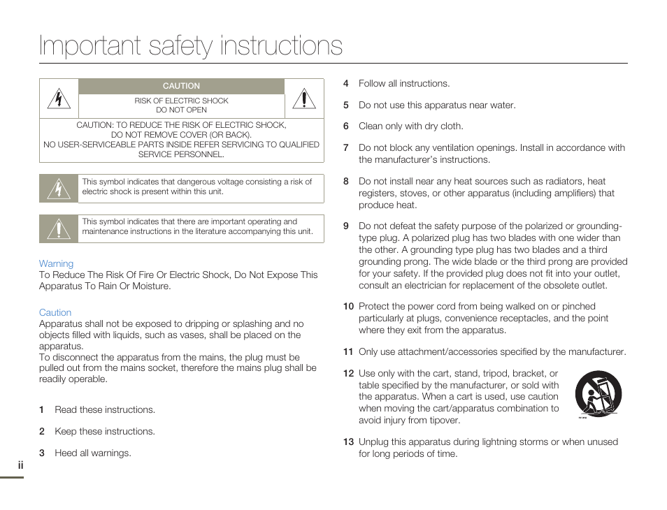 Important safety instructions | Samsung HMX-Q10UN-XAA User Manual | Page 2 / 114