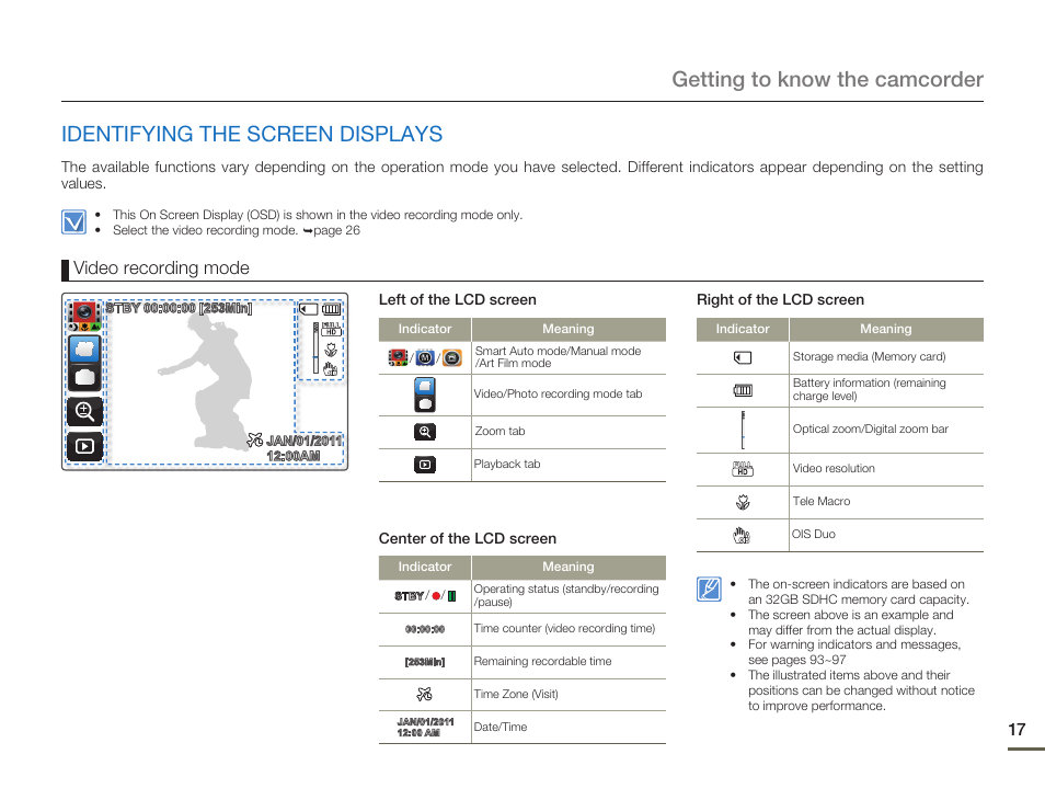 Identifying the screen displays, Video recording mode | Samsung HMX-Q10UN-XAA User Manual | Page 21 / 114