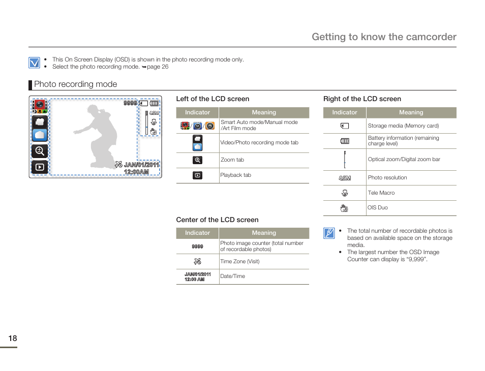 Getting to know the camcorder, Photo recording mode | Samsung HMX-Q10UN-XAA User Manual | Page 22 / 114