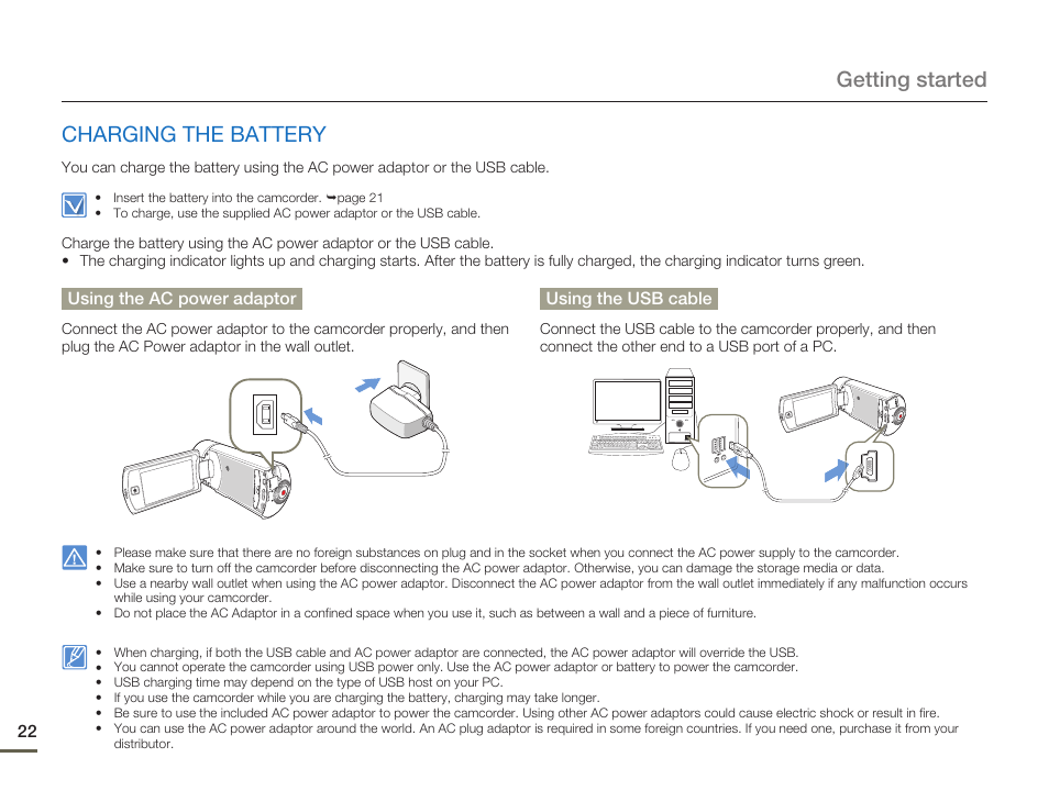 Charging the battery, Getting started charging the battery | Samsung HMX-Q10UN-XAA User Manual | Page 26 / 114