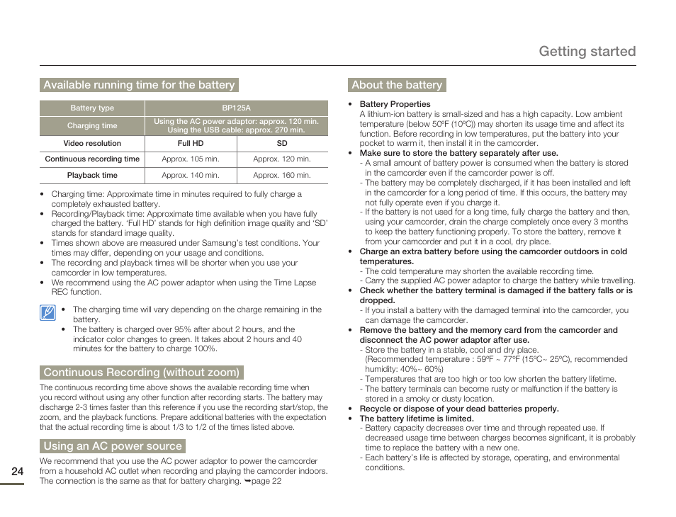 Getting started, Available running time for the battery, Continuous recording (without zoom) | Using an ac power source, About the battery | Samsung HMX-Q10UN-XAA User Manual | Page 28 / 114