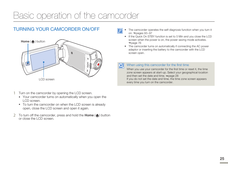 Basic operation of the camcorder, Turning your camcorder on/off | Samsung HMX-Q10UN-XAA User Manual | Page 29 / 114