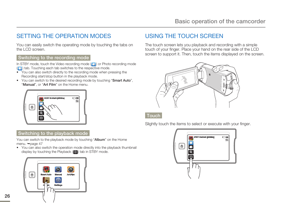 Setting the operation modes, Using the touch screen, Switching to the recording mode | Switching to the playback mode, Touch | Samsung HMX-Q10UN-XAA User Manual | Page 30 / 114