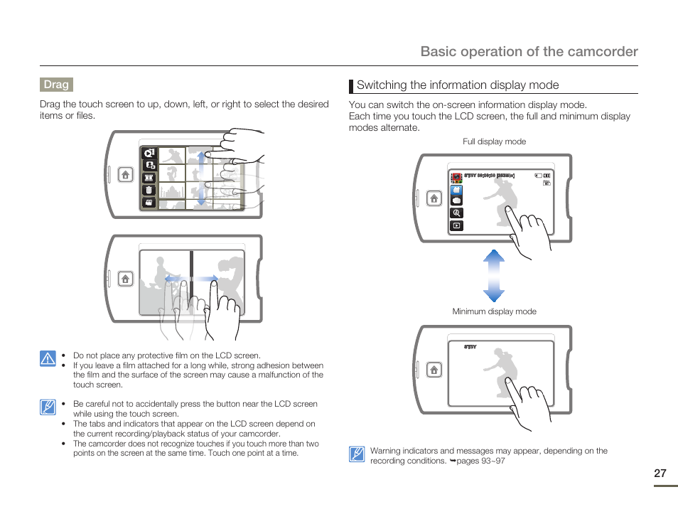 Basic operation of the camcorder, Switching the information display mode, Drag | Samsung HMX-Q10UN-XAA User Manual | Page 31 / 114