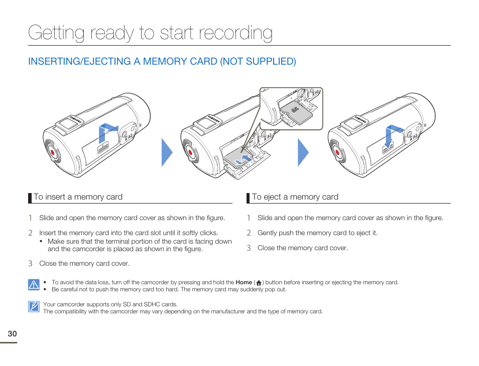 Getting ready to start recording, Inserting/ejecting a memory card (not supplied) | Samsung HMX-Q10UN-XAA User Manual | Page 34 / 114