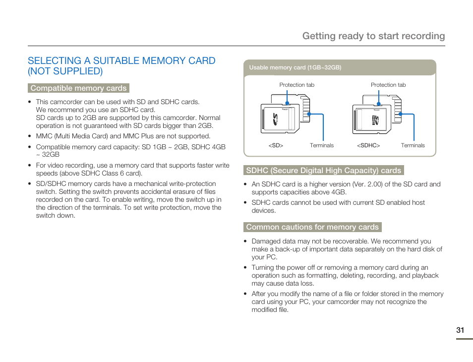 Selecting a suitable memory card (not supplied) | Samsung HMX-Q10UN-XAA User Manual | Page 35 / 114