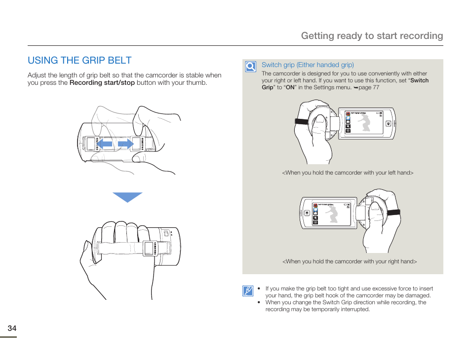 Using the grip belt | Samsung HMX-Q10UN-XAA User Manual | Page 38 / 114