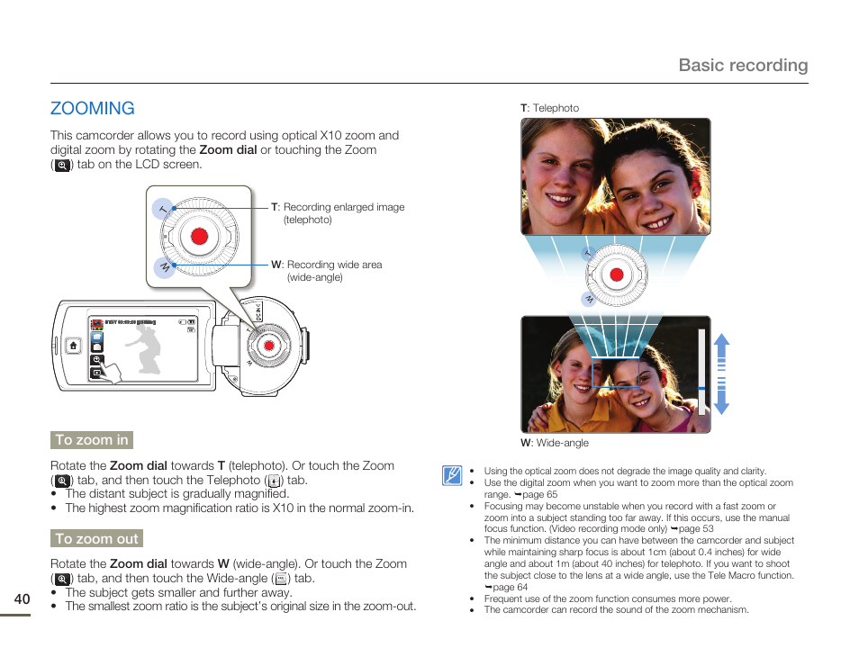 Zooming, Basic recording zooming | Samsung HMX-Q10UN-XAA User Manual | Page 44 / 114