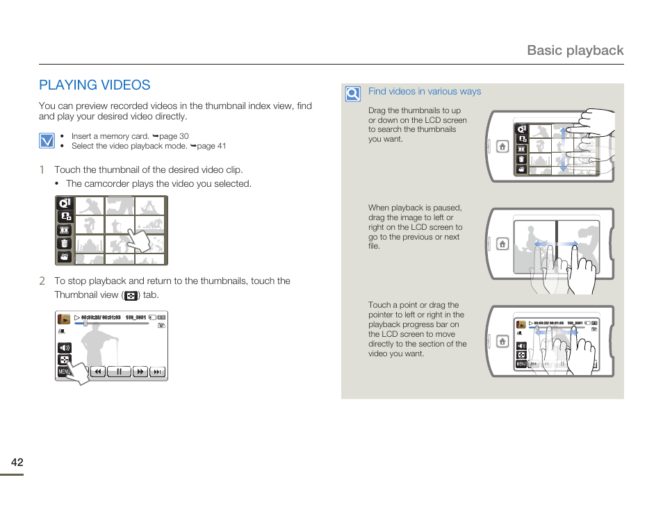 Playing videos, Basic playback playing videos | Samsung HMX-Q10UN-XAA User Manual | Page 46 / 114