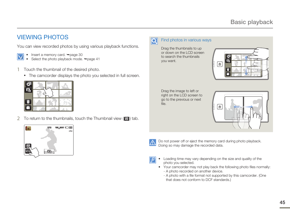 Viewing photos, Basic playback viewing photos | Samsung HMX-Q10UN-XAA User Manual | Page 49 / 114