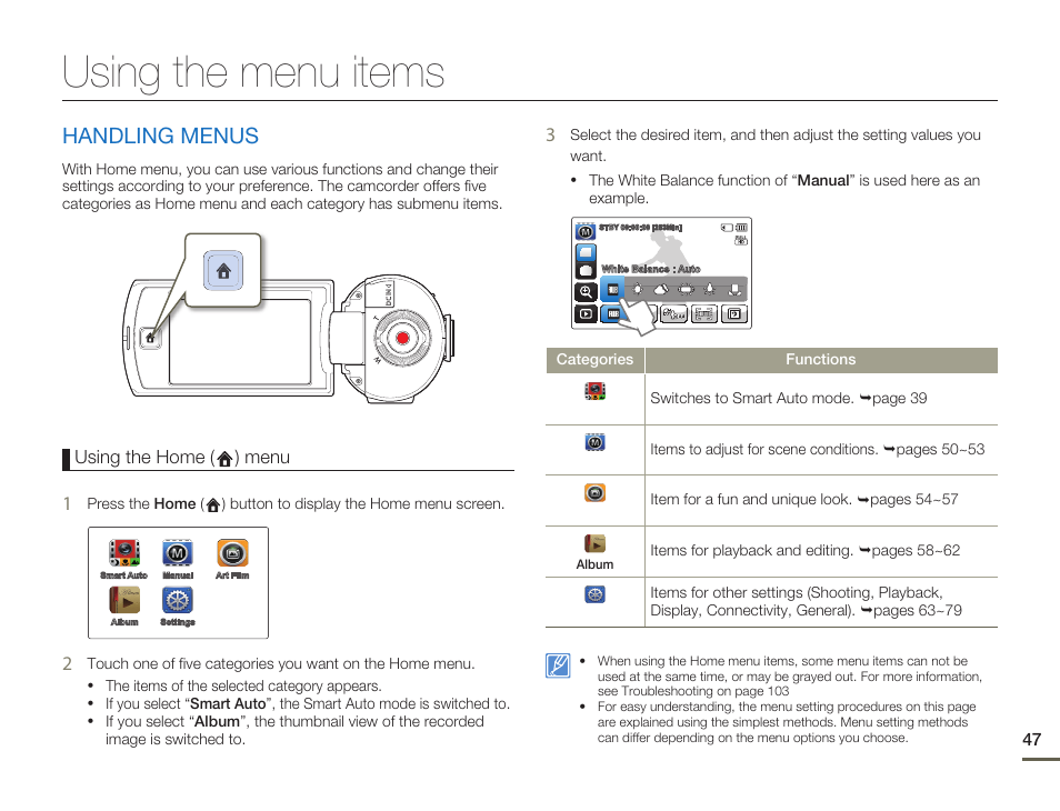 Using the menu items, Handling menus, Using the home ( ) menu | Samsung HMX-Q10UN-XAA User Manual | Page 51 / 114