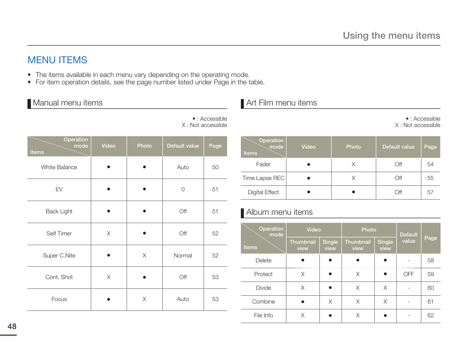 Menu items, Using the menu items menu items, Manual menu items | Art film menu items, Album menu items | Samsung HMX-Q10UN-XAA User Manual | Page 52 / 114