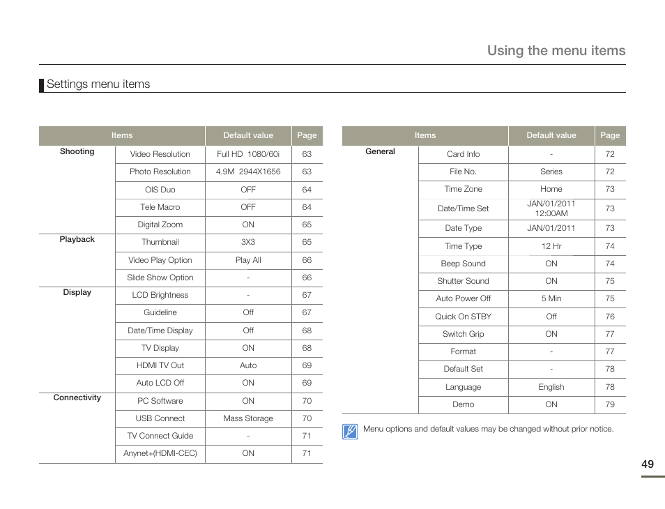 Using the menu items, Settings menu items | Samsung HMX-Q10UN-XAA User Manual | Page 53 / 114