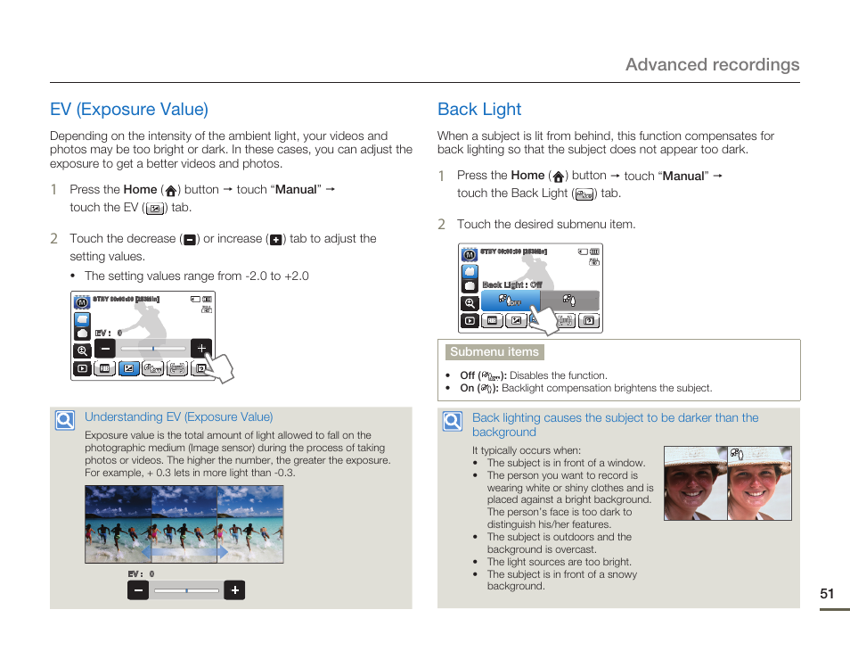 Ev (exposure value), Back light, Advanced recordings ev (exposure value) | Samsung HMX-Q10UN-XAA User Manual | Page 55 / 114